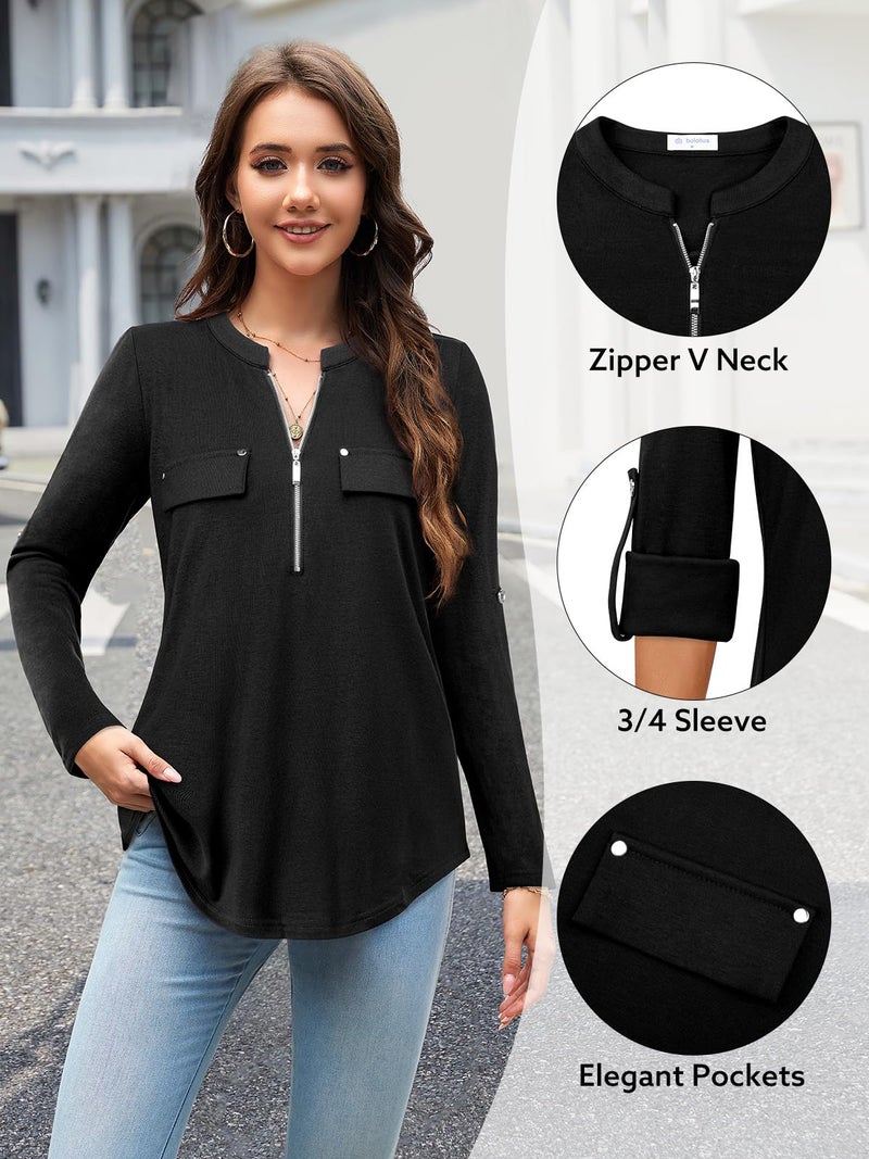 Bulotus Women's 3/4 Sleeve Tunic Tops to Wear with Leggings Fall Top Business Casual Blouses for Work Professional V Neck Black Tunic Shirt, Black, Large - Image 5